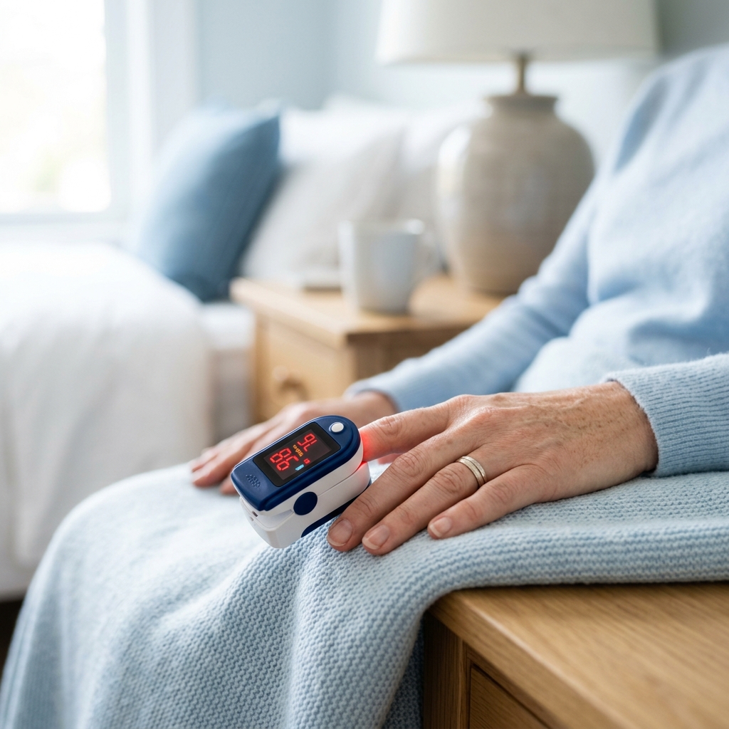 A clean arrangement of home health monitoring devices including a pulse oximeter in a medical-style setting