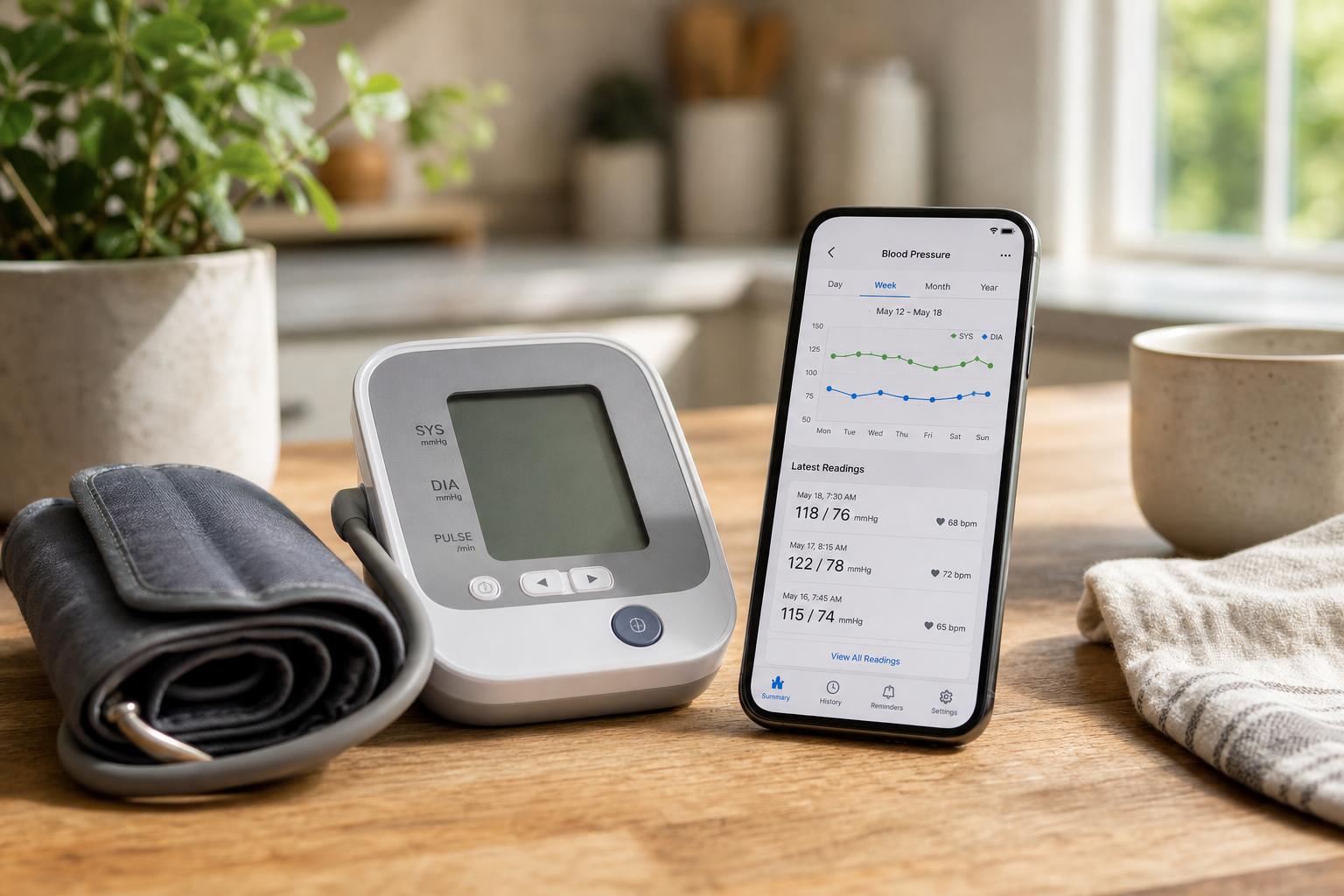 A home blood pressure monitor beside a smartphone showing a simple blood pressure tracking graph