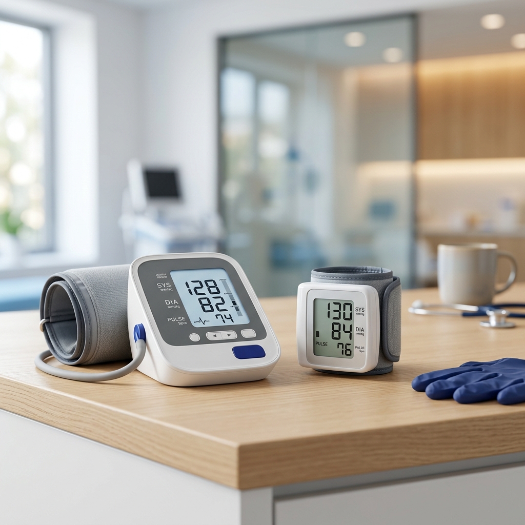 An upper-arm blood pressure monitor and a wrist monitor arranged side by side on a clean clinical surface