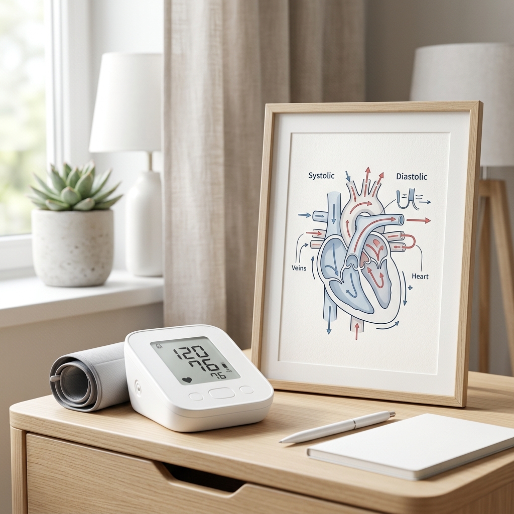 A home blood pressure monitor displayed beside a simple medical chart in a clean clinical setting