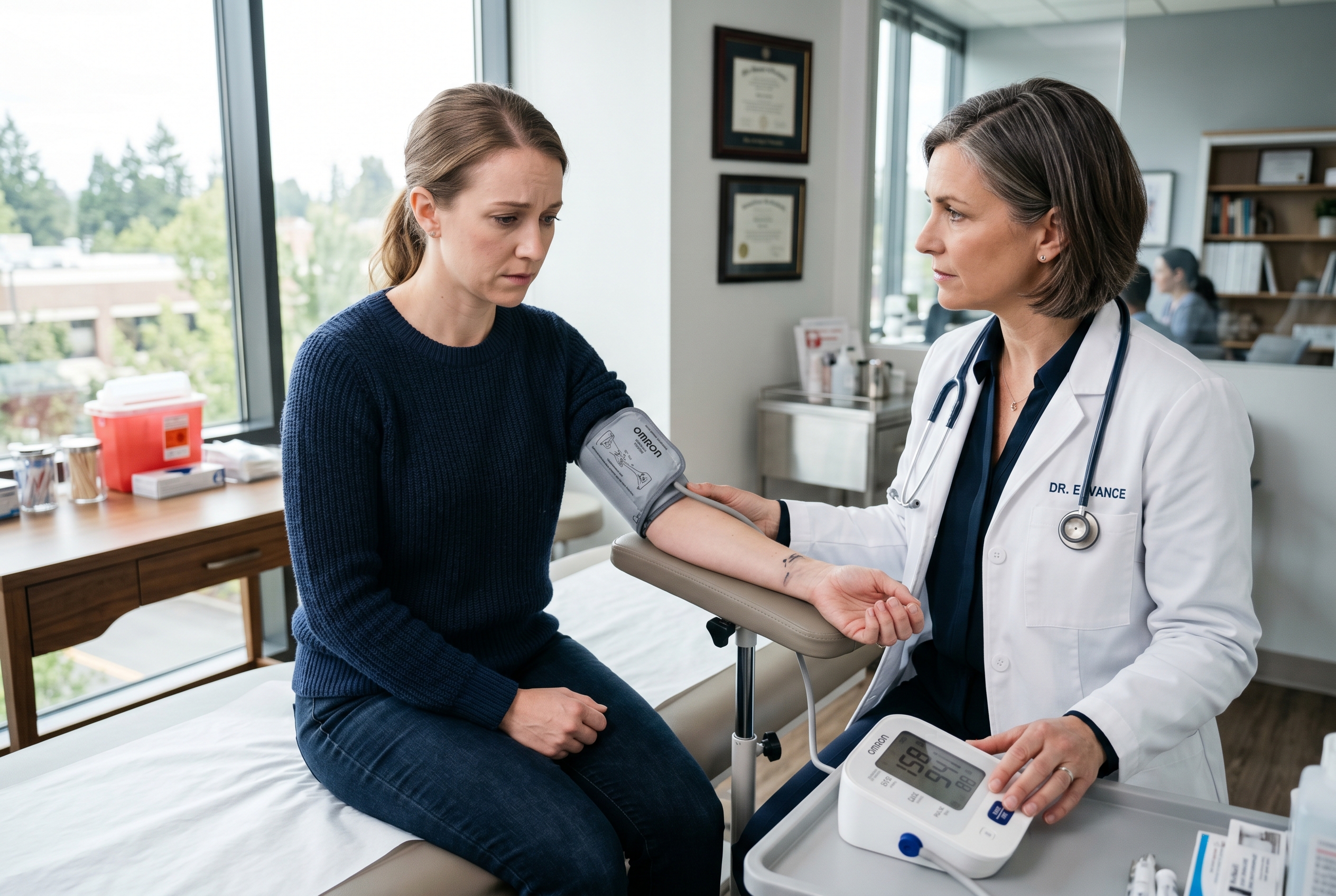 A healthcare provider taking blood pressure in a clinical setting with a nervous patient