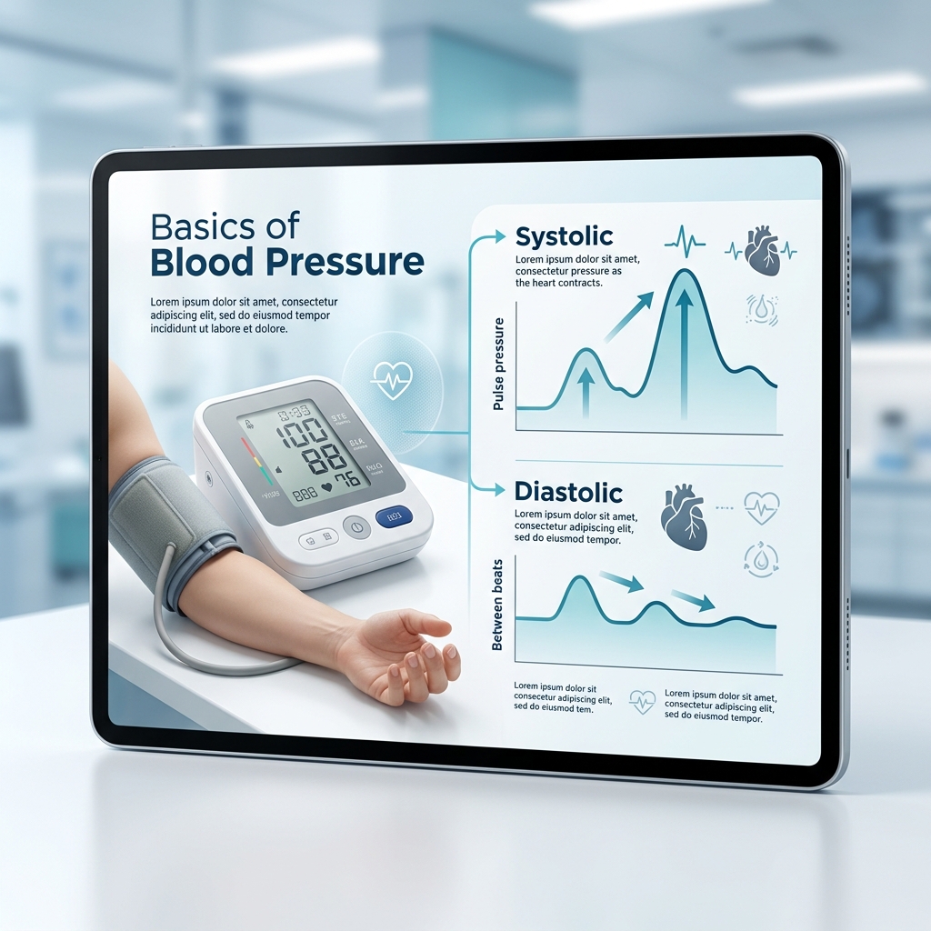 A blood pressure monitor with a clean infographic-style visual representing systolic and diastolic pressure