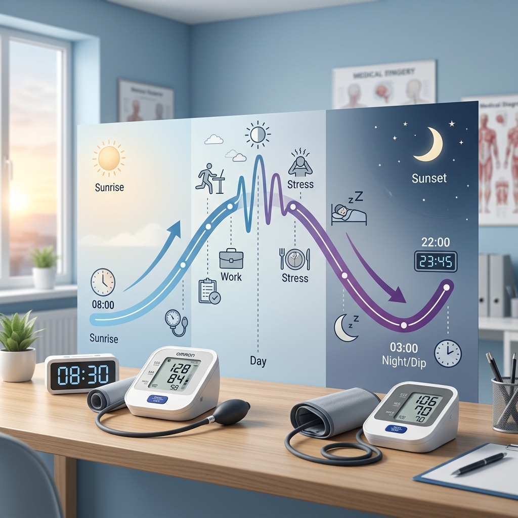 A blood pressure monitor with a daily rhythm visual showing changes from morning to night