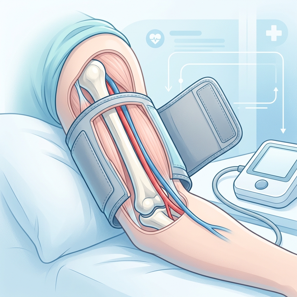 A cuff blood pressure monitor wrapped around an upper arm in a clean medical-style explainer graphic