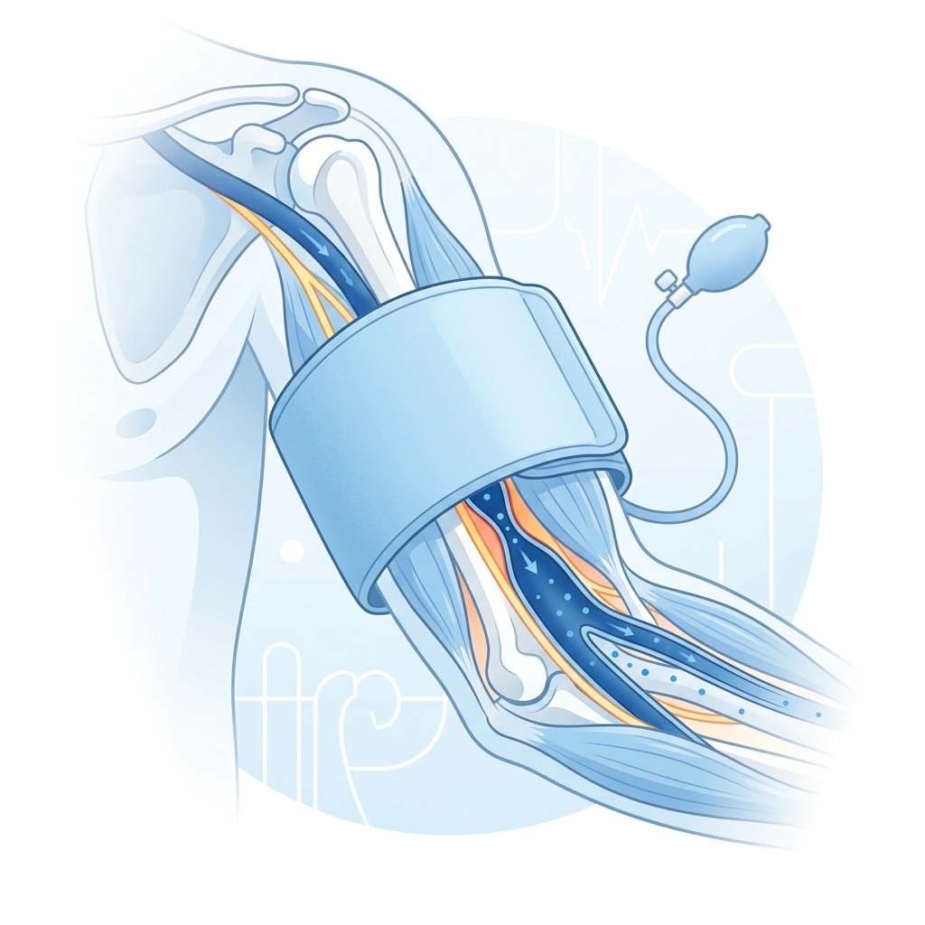 A blood pressure cuff inflating and compressing the artery in the upper arm