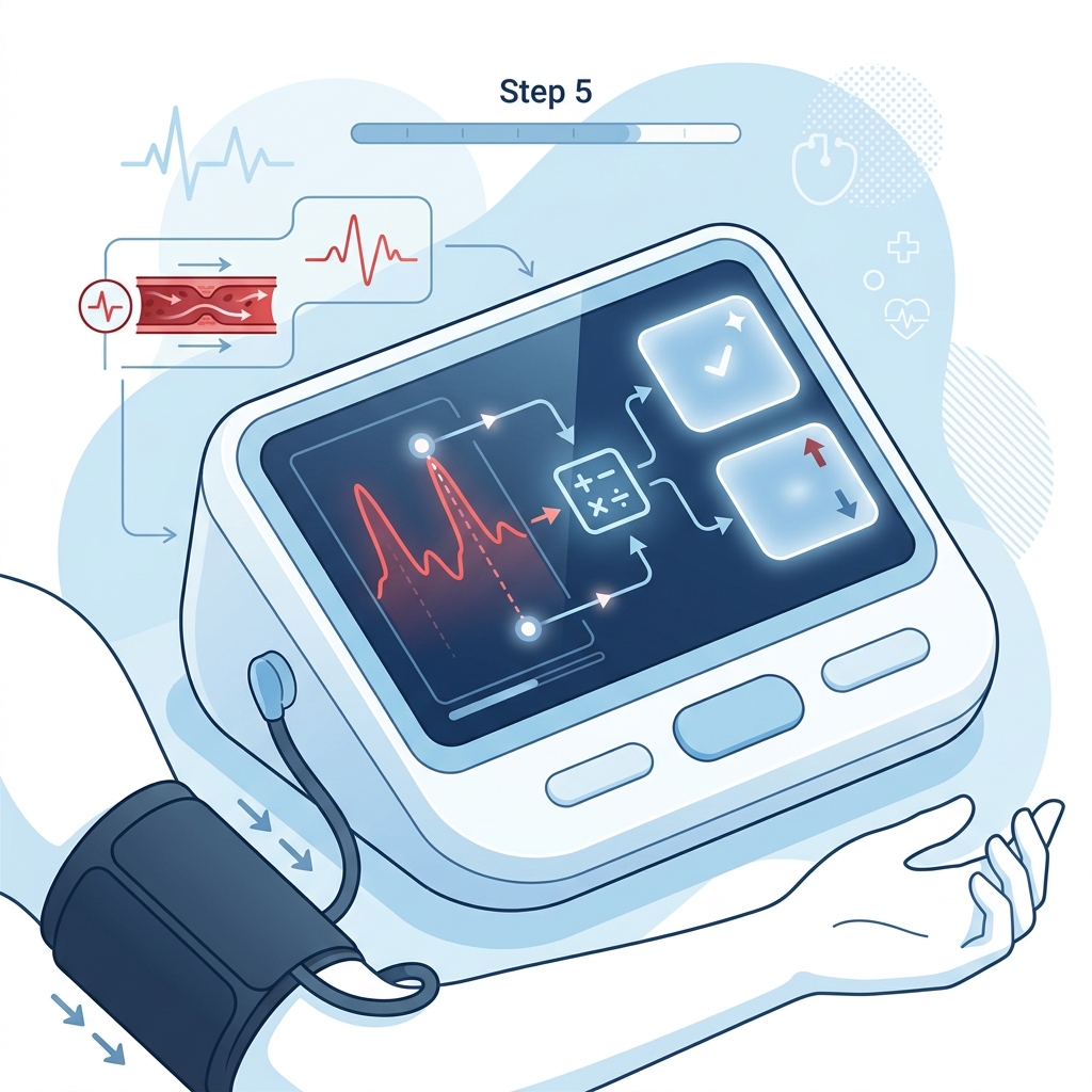 A home blood pressure monitor calculating systolic and diastolic values from cuff pressure and pulse signals