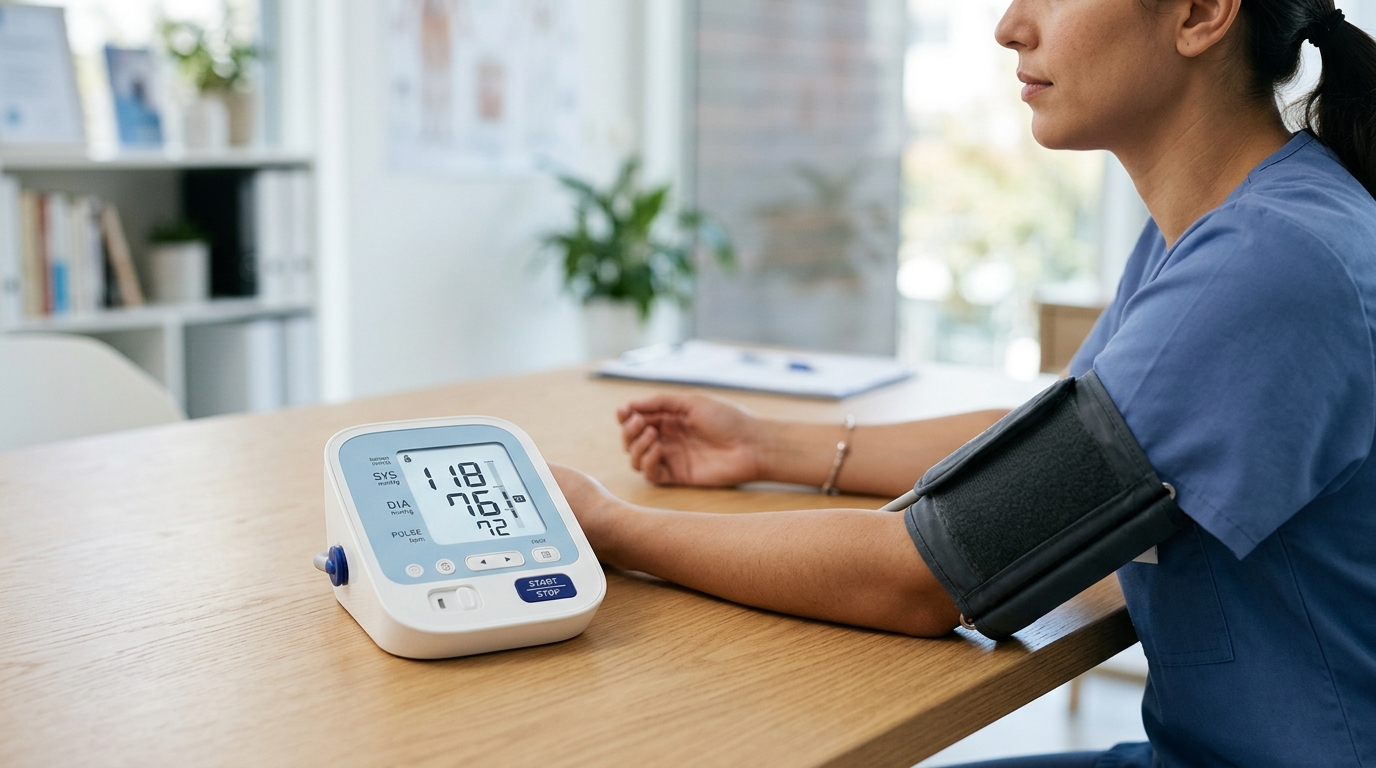 A modern blood pressure monitor displaying a sample reading used to explain systolic and diastolic numbers