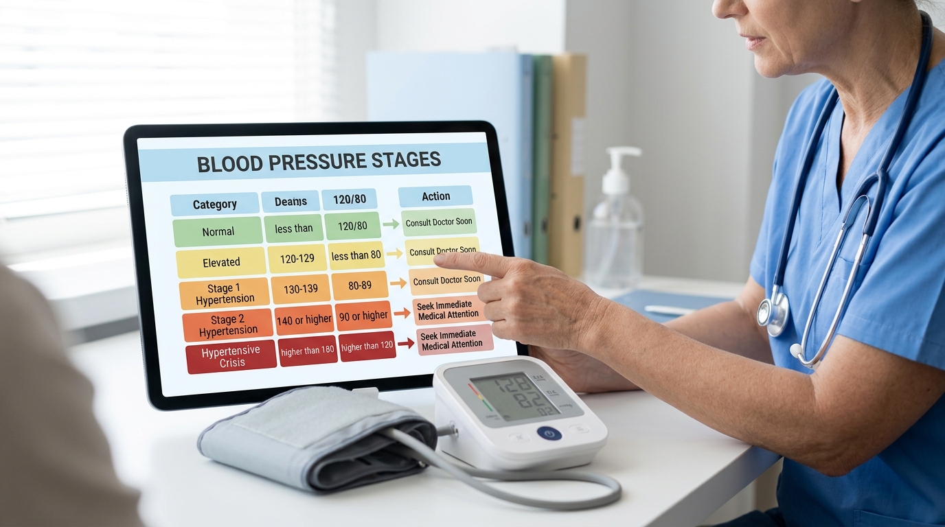 A realistic clinical-style chart showing blood pressure stages from normal to hypertensive crisis beside a home blood pressure monitor