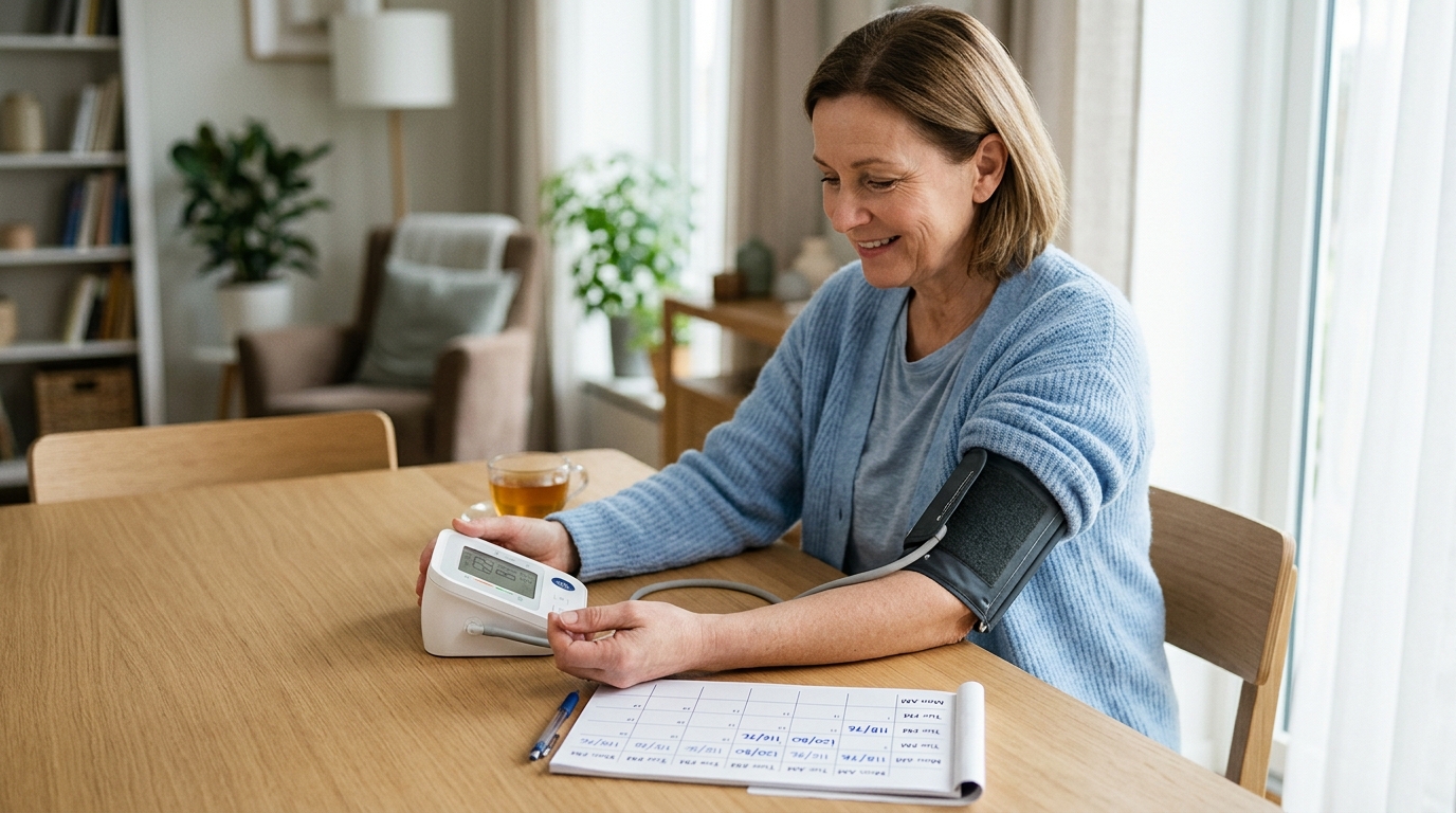 A person checking blood pressure at home with a simple weekly monitoring schedule visible on the table