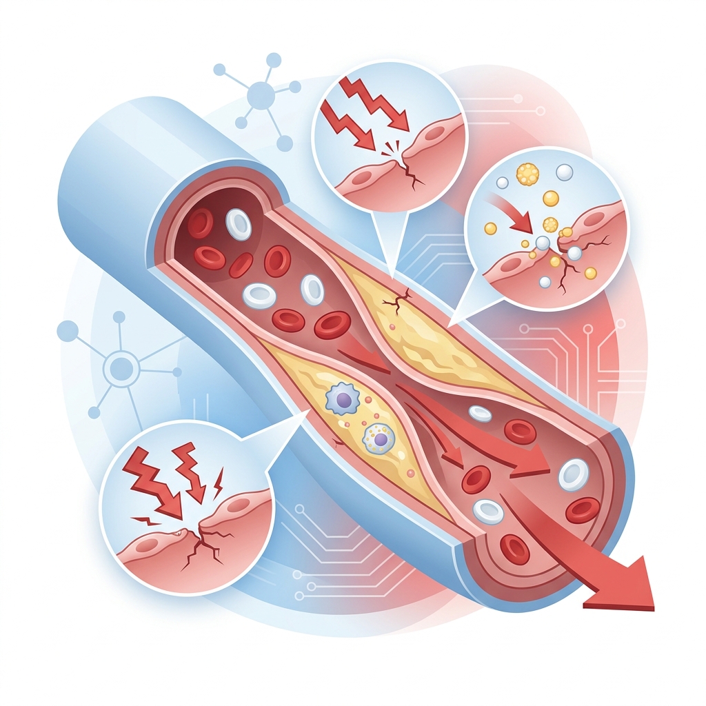 A medical-style visual showing artery wall damage and plaque risk from chronic high blood pressure