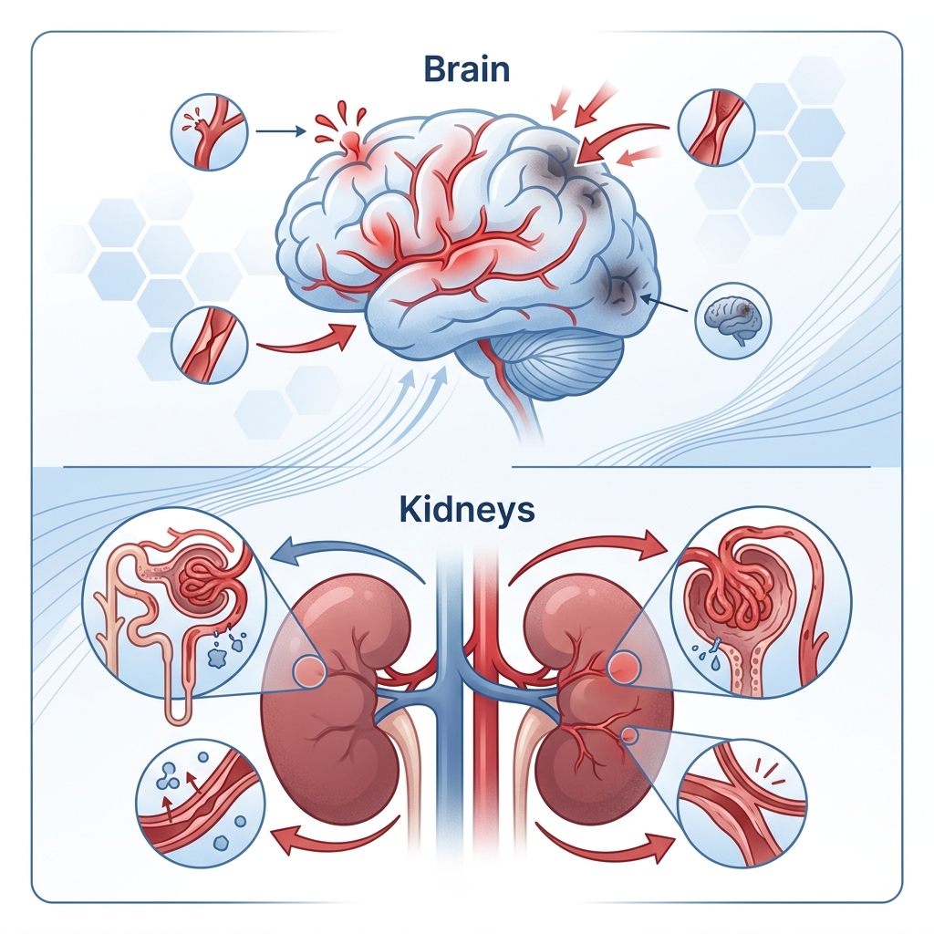 A medical-style visual showing brain and kidney complications associated with chronic high blood pressure