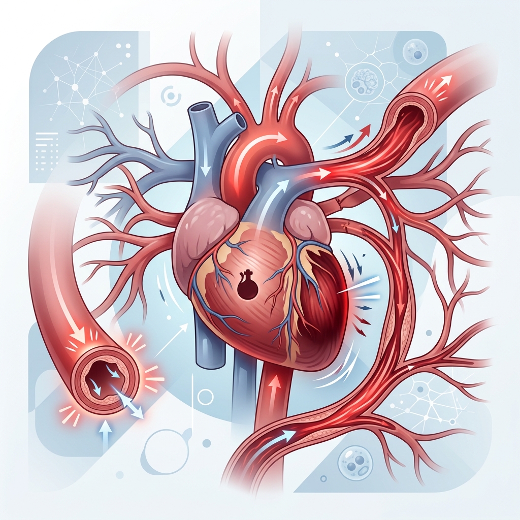 A medical-style visual showing a stressed enlarged heart working against high blood pressure