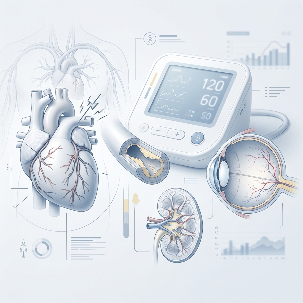 A medical-style visual showing the organs affected by chronic high blood pressure