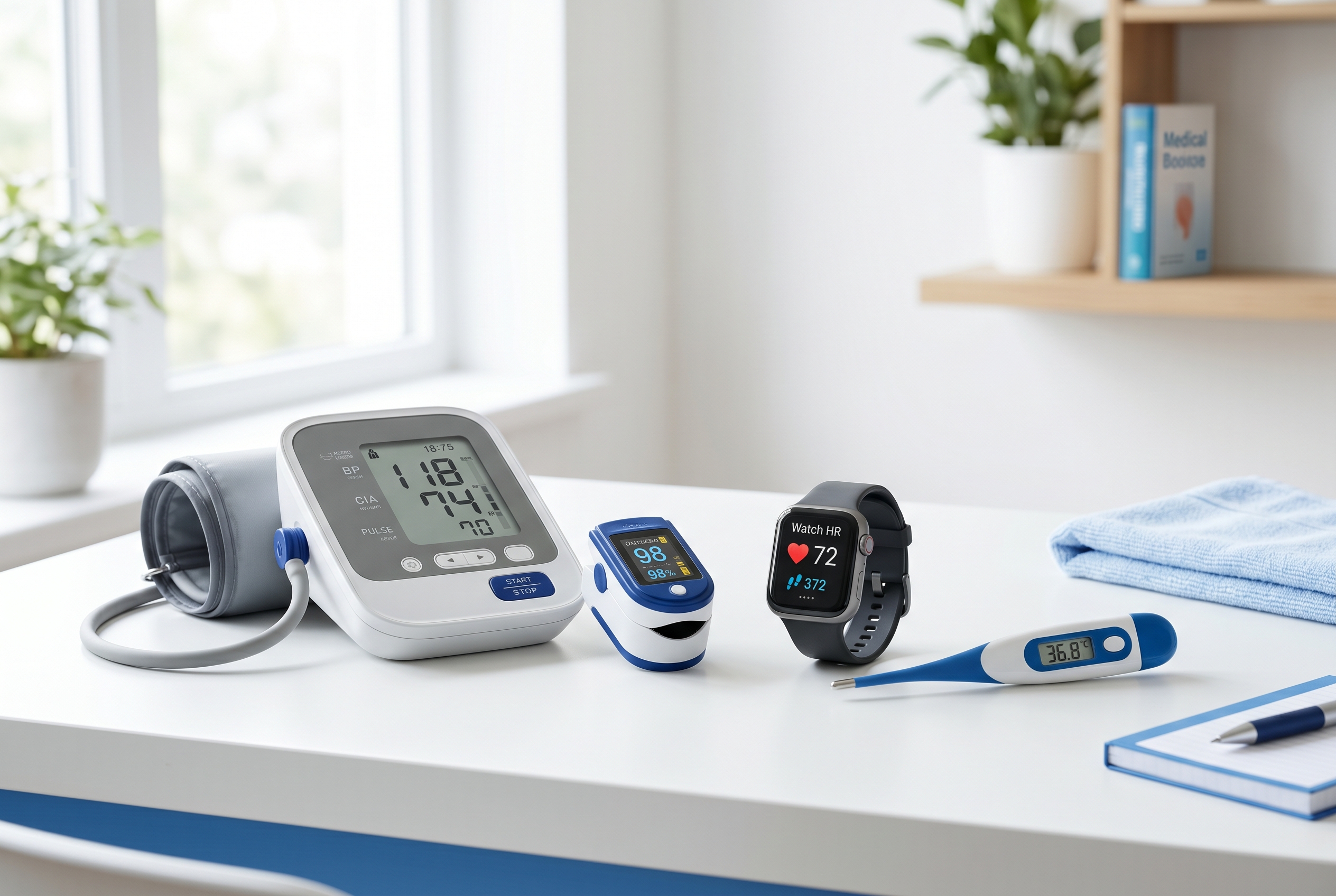 A curated set of home health monitoring devices arranged in a bright clinical setting