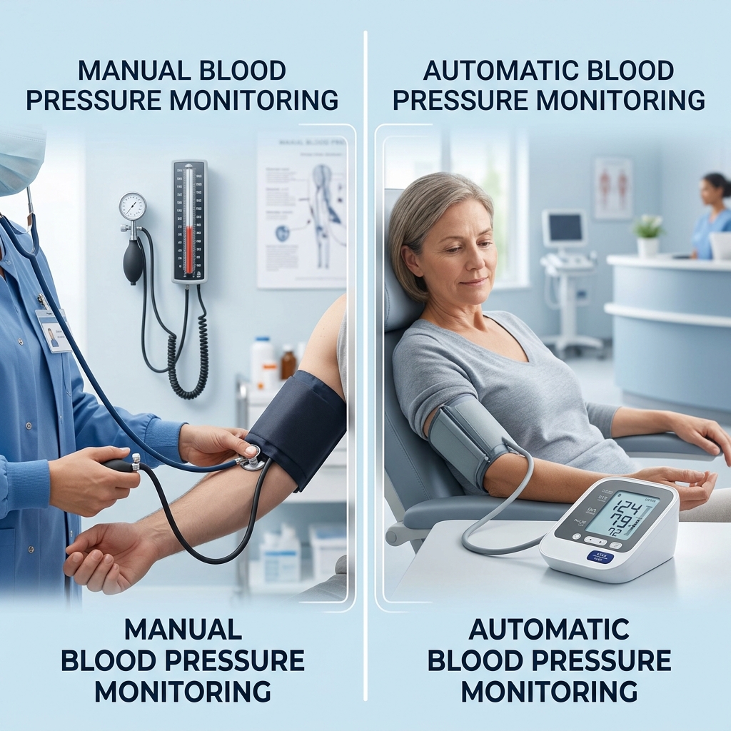 A manual blood pressure cuff and digital automatic monitor shown in a side-by-side comparison