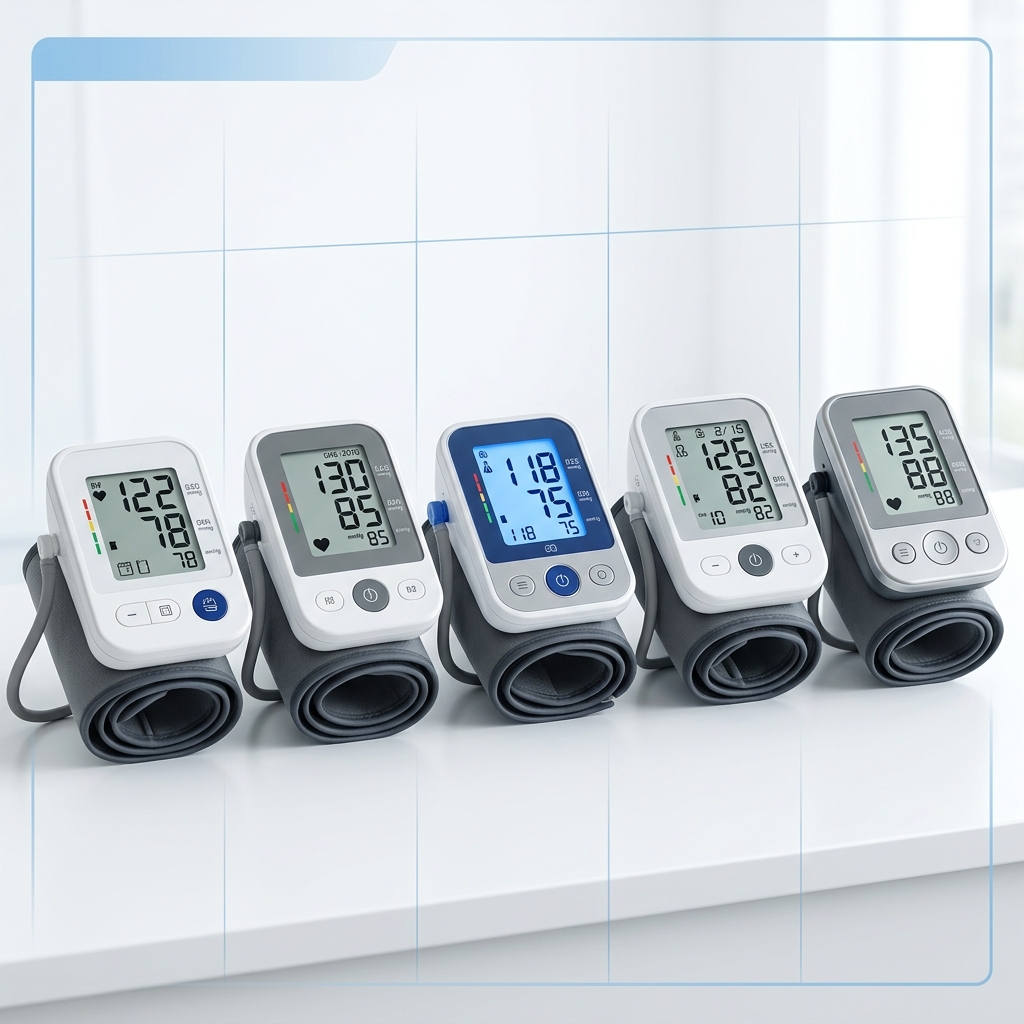 Several home blood pressure monitors arranged for comparison in a bright clinical setting