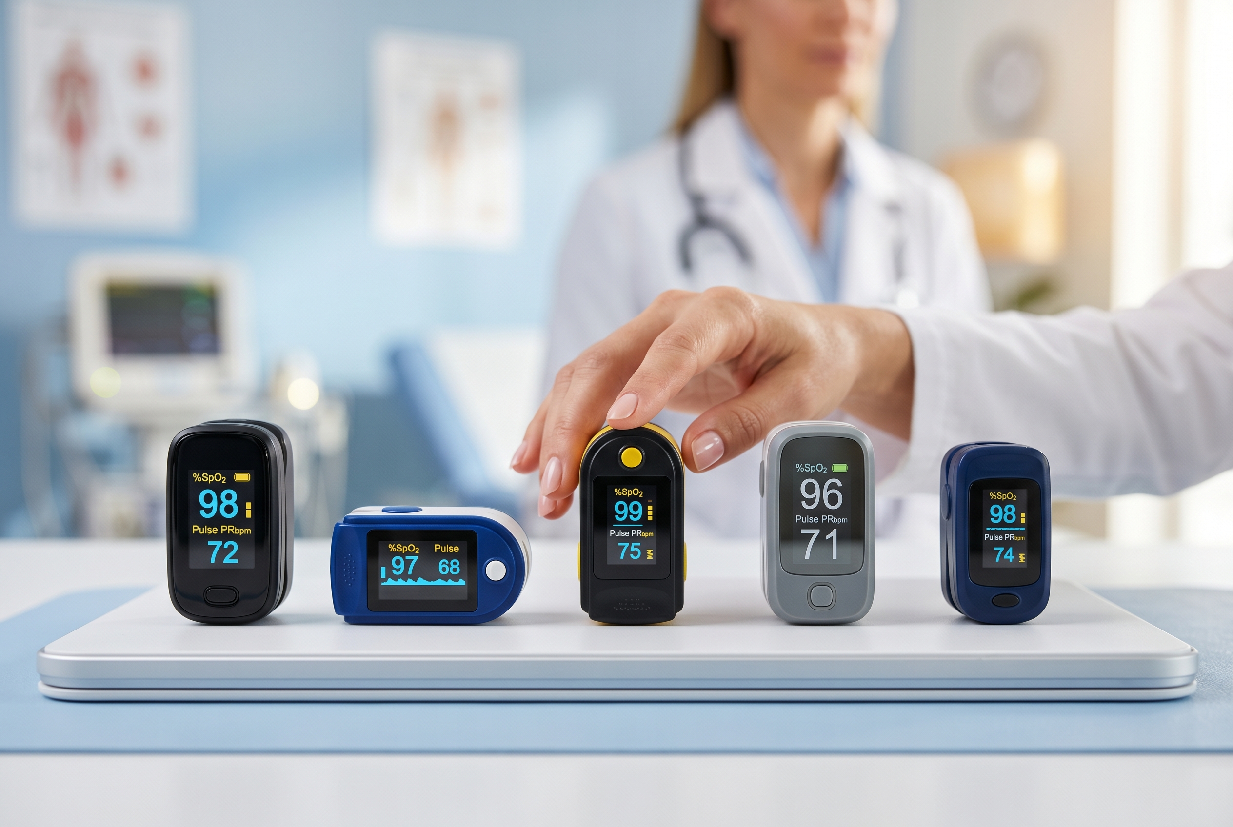 Several fingertip pulse oximeters arranged in a premium comparison layout on a bright clinical background