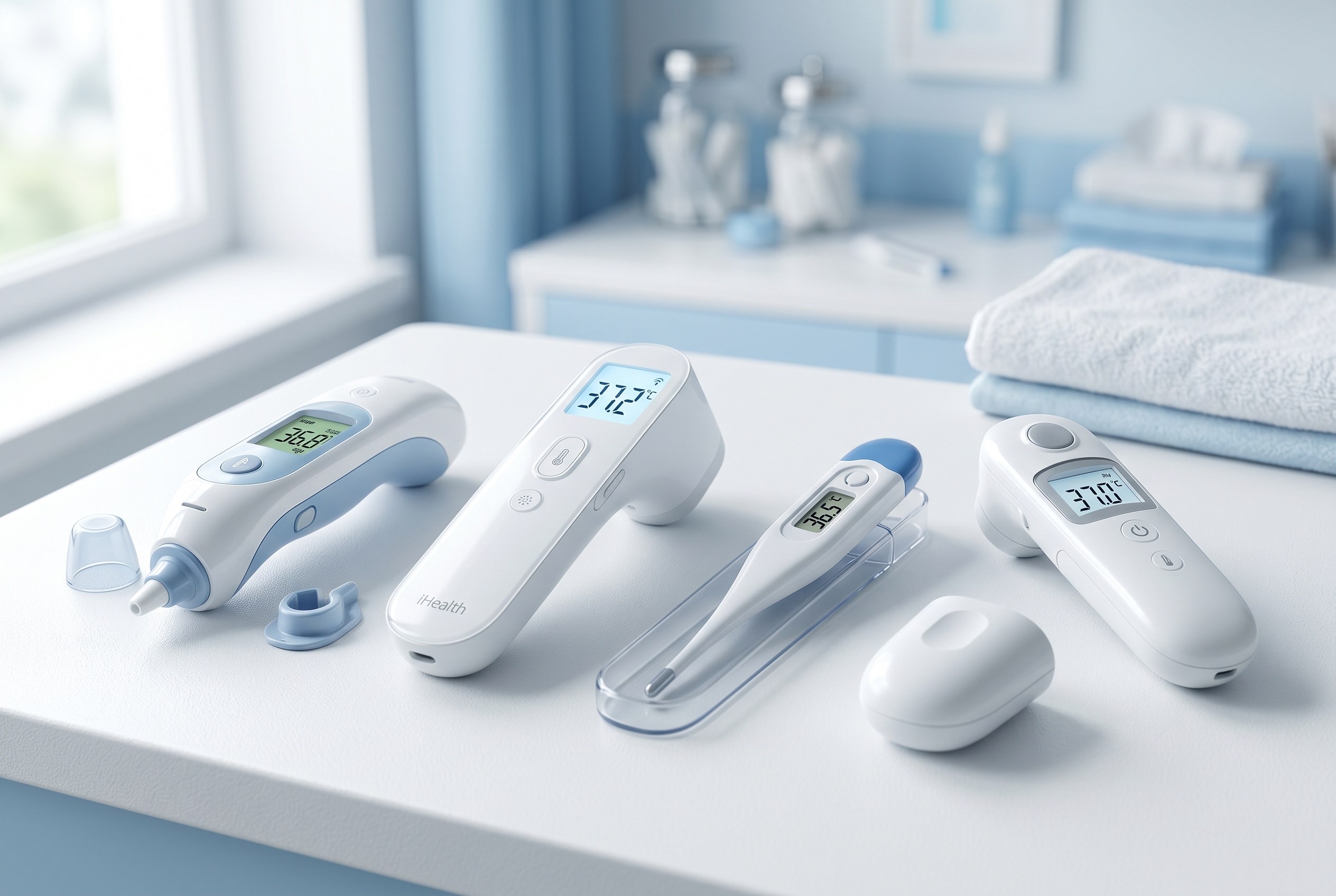 Several home thermometers arranged in a premium comparison layout on a bright clinical background
