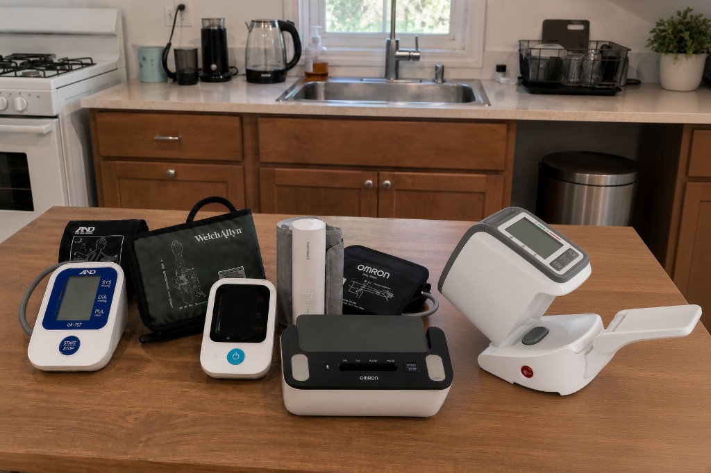 Five home blood pressure monitors arranged together for comparison on a kitchen island